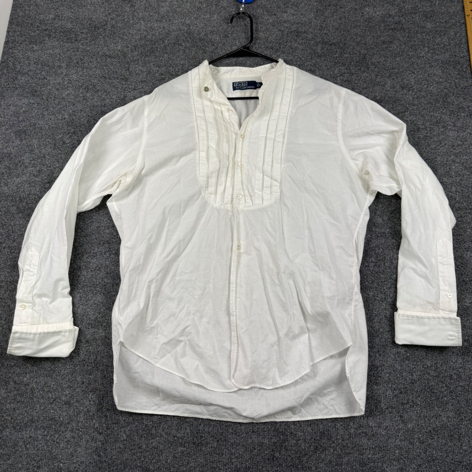 Polo Ralph Lauren White Cotton Pleated Bib Tuxedo Shirt Band Collar Mens L Ltp